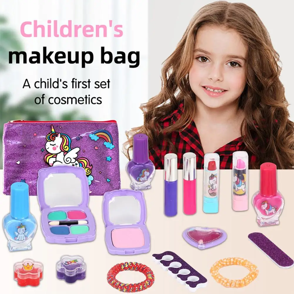 Kids Makeup Set Girls Makeup Bag Portable Washable Cosmetics Princess Pretend Play Toy Set Lipstick Powder Nail Art Tools