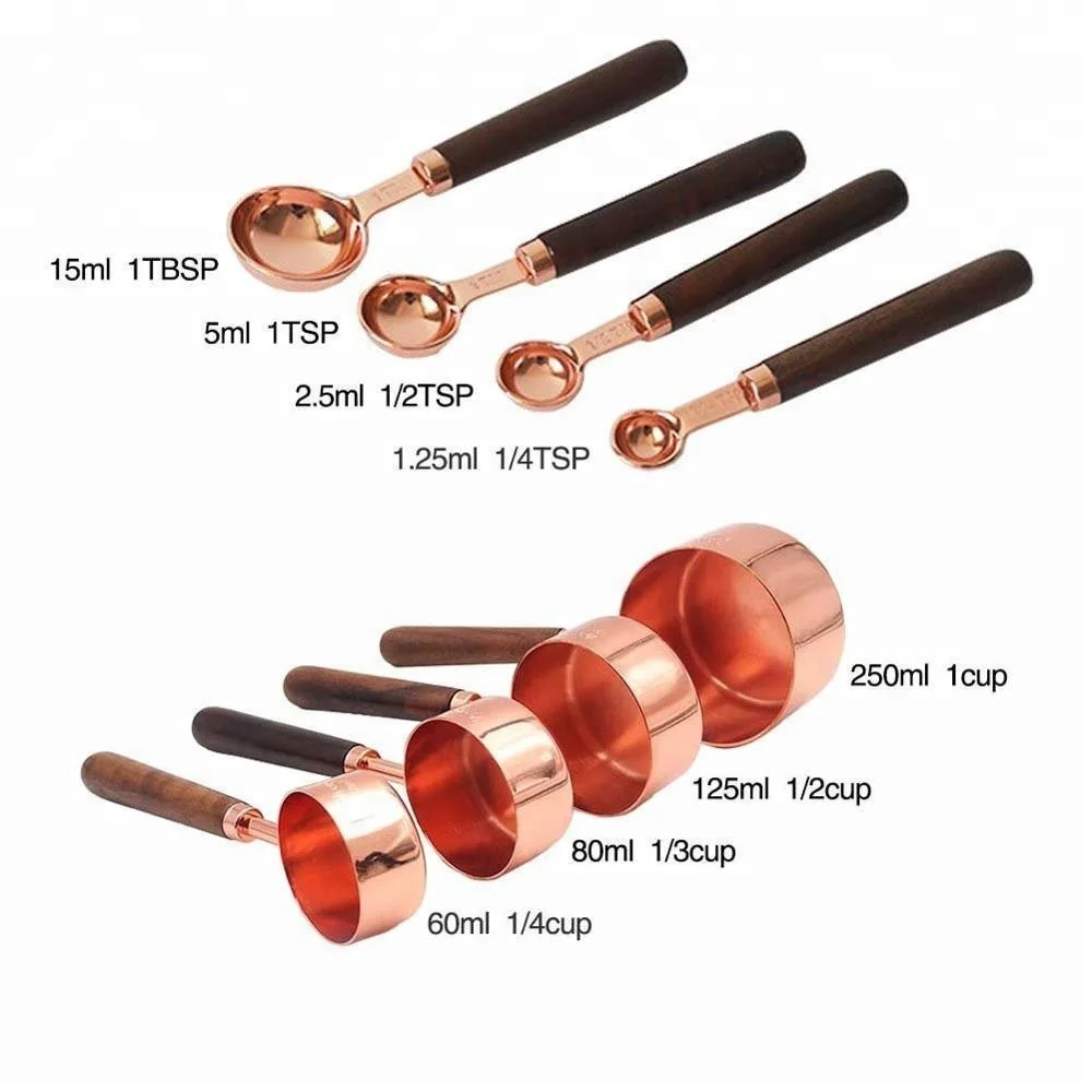 

Household Kitchen Dining Bar Baking Tools Walnut Wooden Handle Copper Plating Measuring Cups Spoon Cake Sugar Tools Set