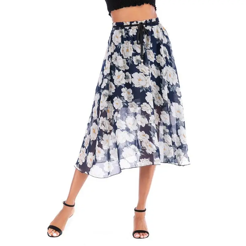 

Summer Chiffon Sweet Floral Beach Loose Skirt Women with Belt Seaside Vacation Elastic Waist Fringed Casual Long Skirt