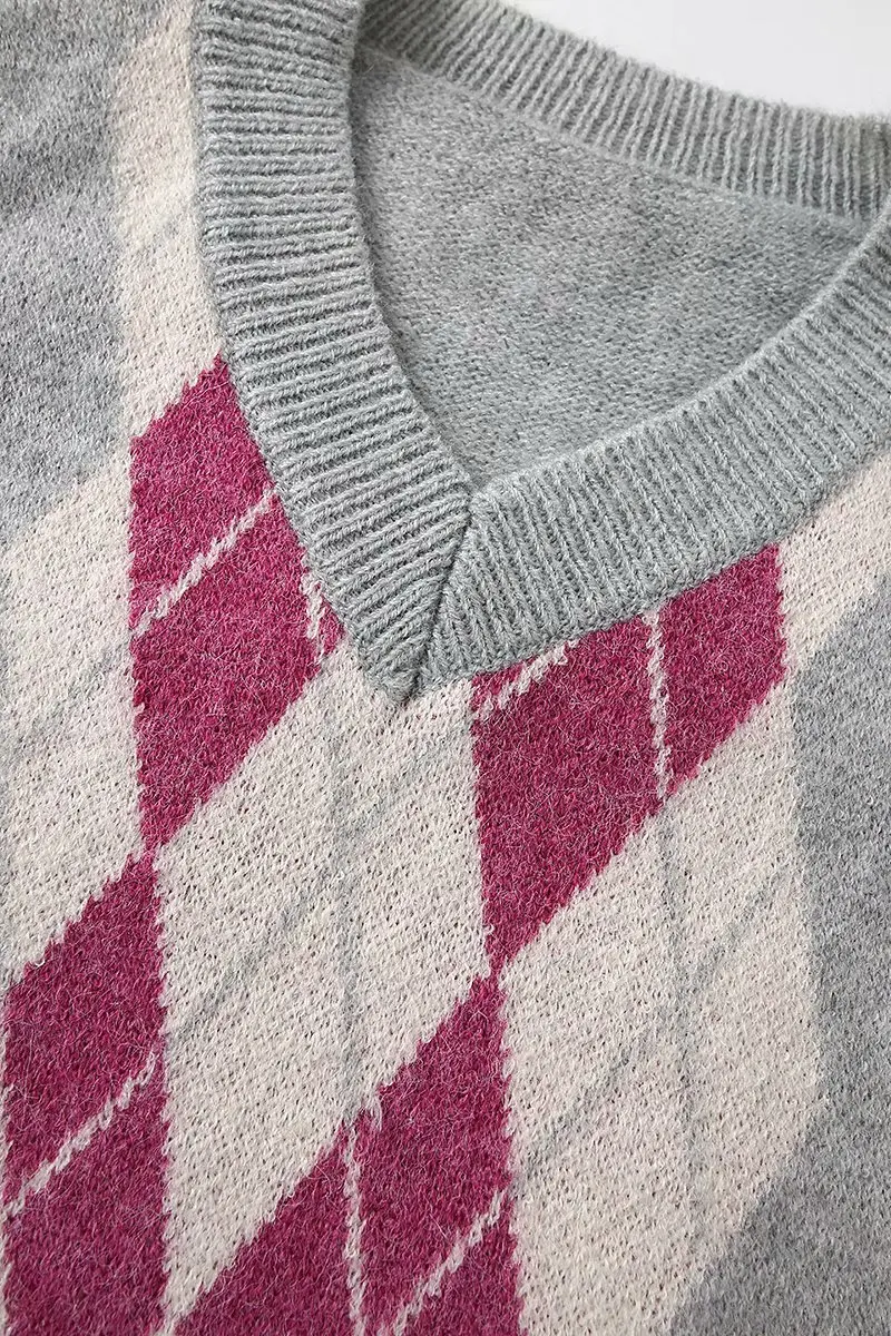 Женский винтажный Трикотажный жилет серый клетчатый с V-образным вырезом осень