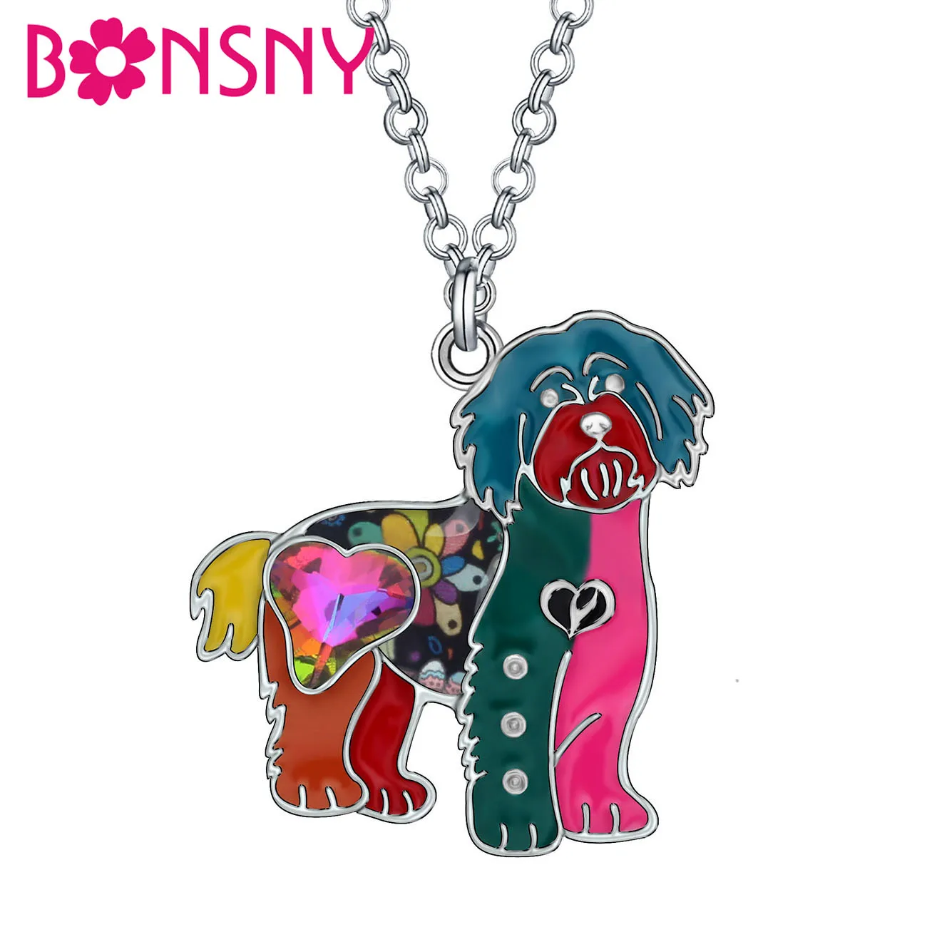 

Bonsny Floral Enamel Alloy Sweet Havanese Dog Necklace Pet Animal Pendant Jewelry For Women Girls Fashion Gift Party Accessories