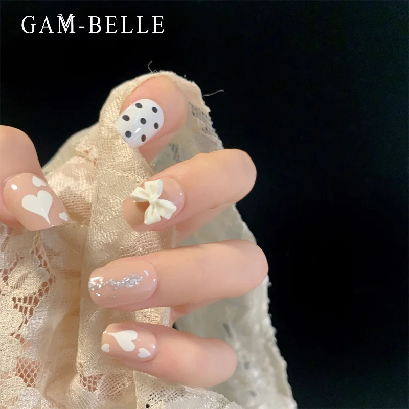 

GAM-BELLE, узор в горошек, с сердечками, блестящие поддельные ногти с 3D белым бантом, квадратный искусственный пресс на ногтях, сделай сам, маникю...