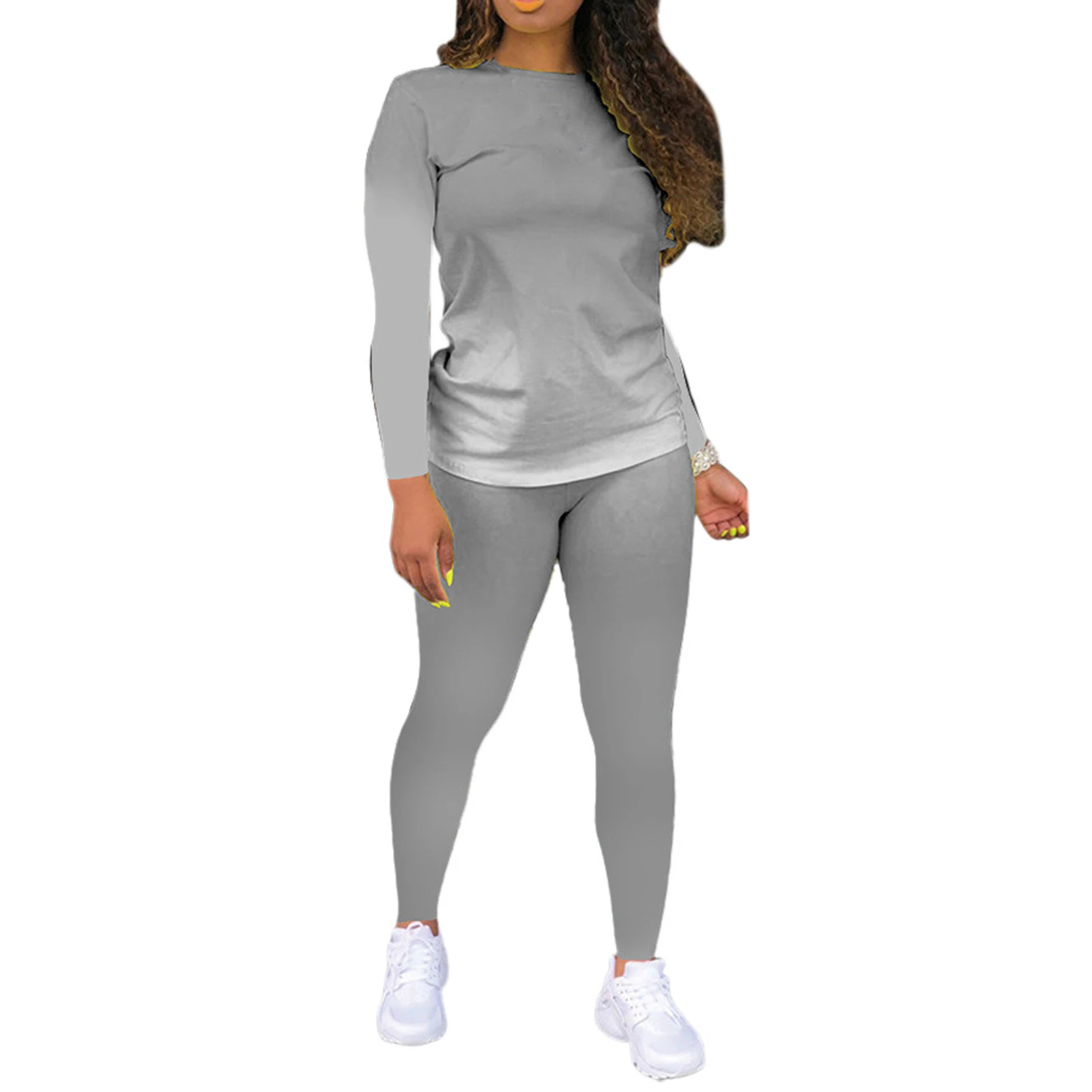 

Women Gradient Long Sleeve O Neck Elastic Blouse Top Pants Pajamas Sleepwear Set