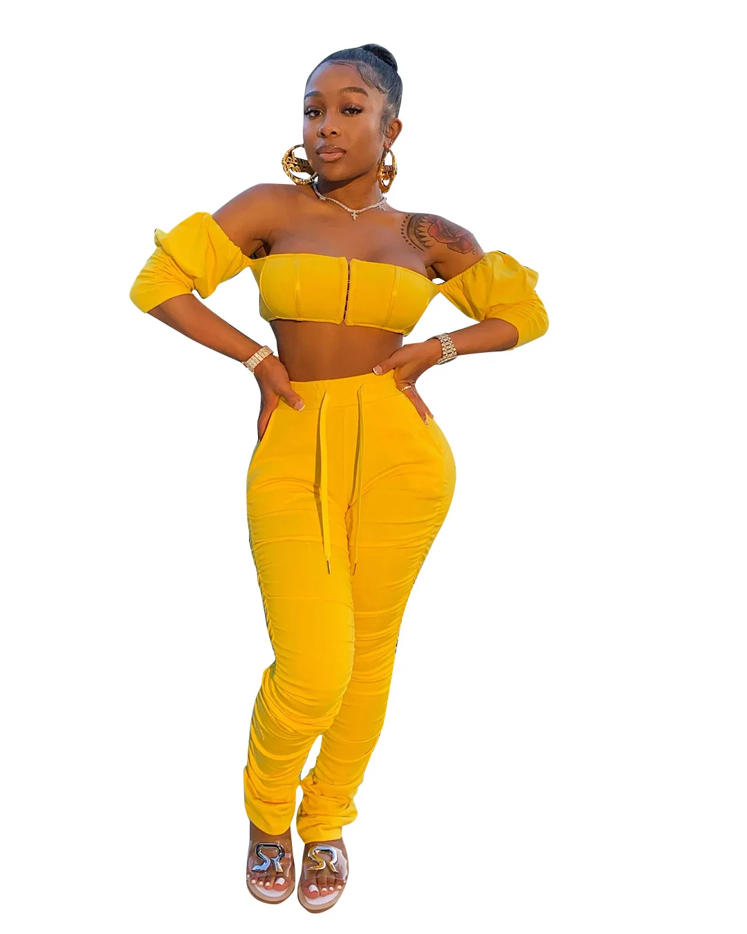 

Cutubly Solid Two Piece Sets for Women Slash Neck Sexy Club Two Piece Set Tracksuits Zipper T shirts Stacked Pants Set Outfits