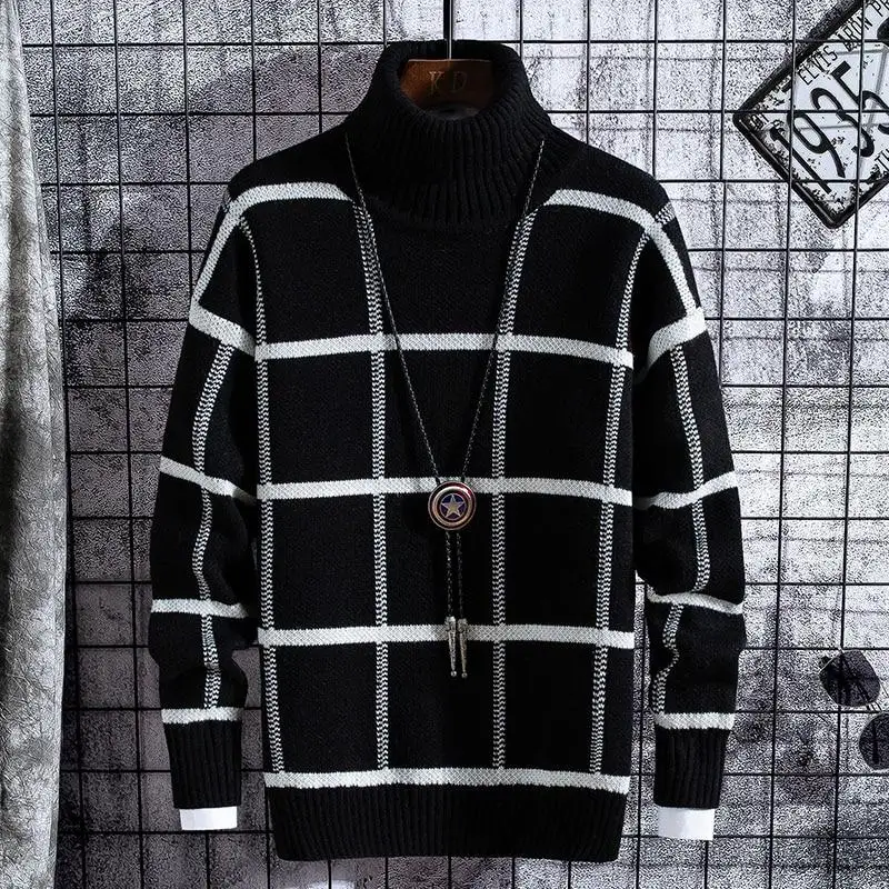 

2021 Trendy Young men Costume Two-Toned Geometric Patterned Computer Knitted Long-Sleeved Turtleneck Acrylic Cotton Sweater