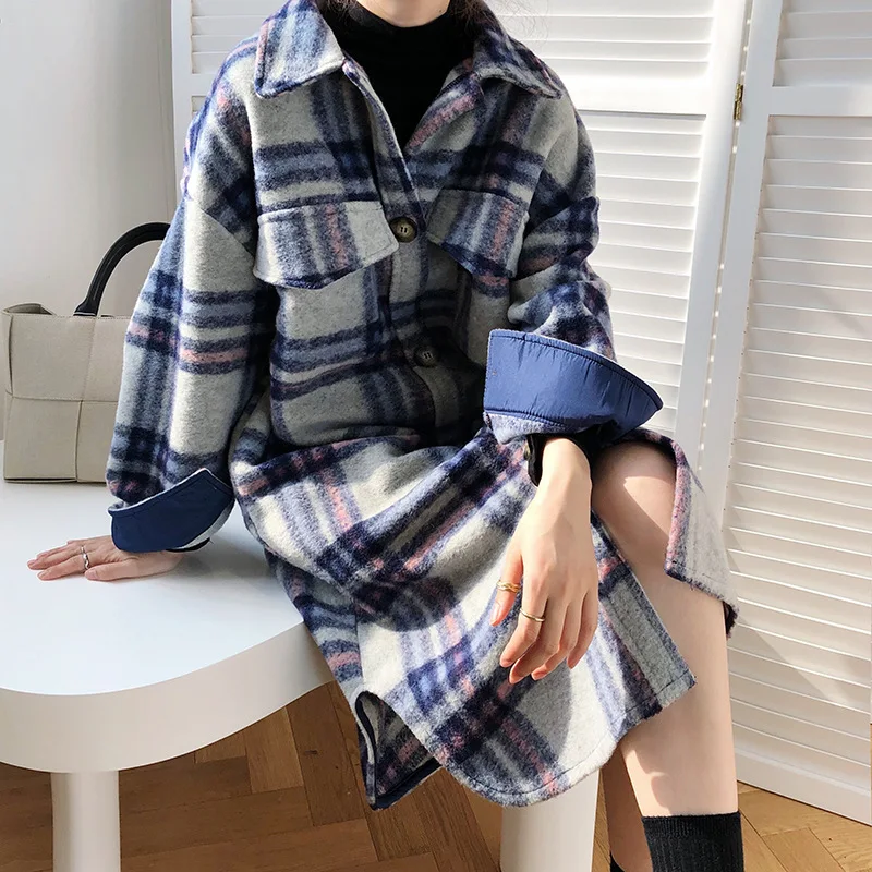 

Пальто женское Шерстяное в клетку, модная мягкая Толстая куртка оверсайз из смешанной шерсти, свободный шикарный винтажный Топ, оригинальн...