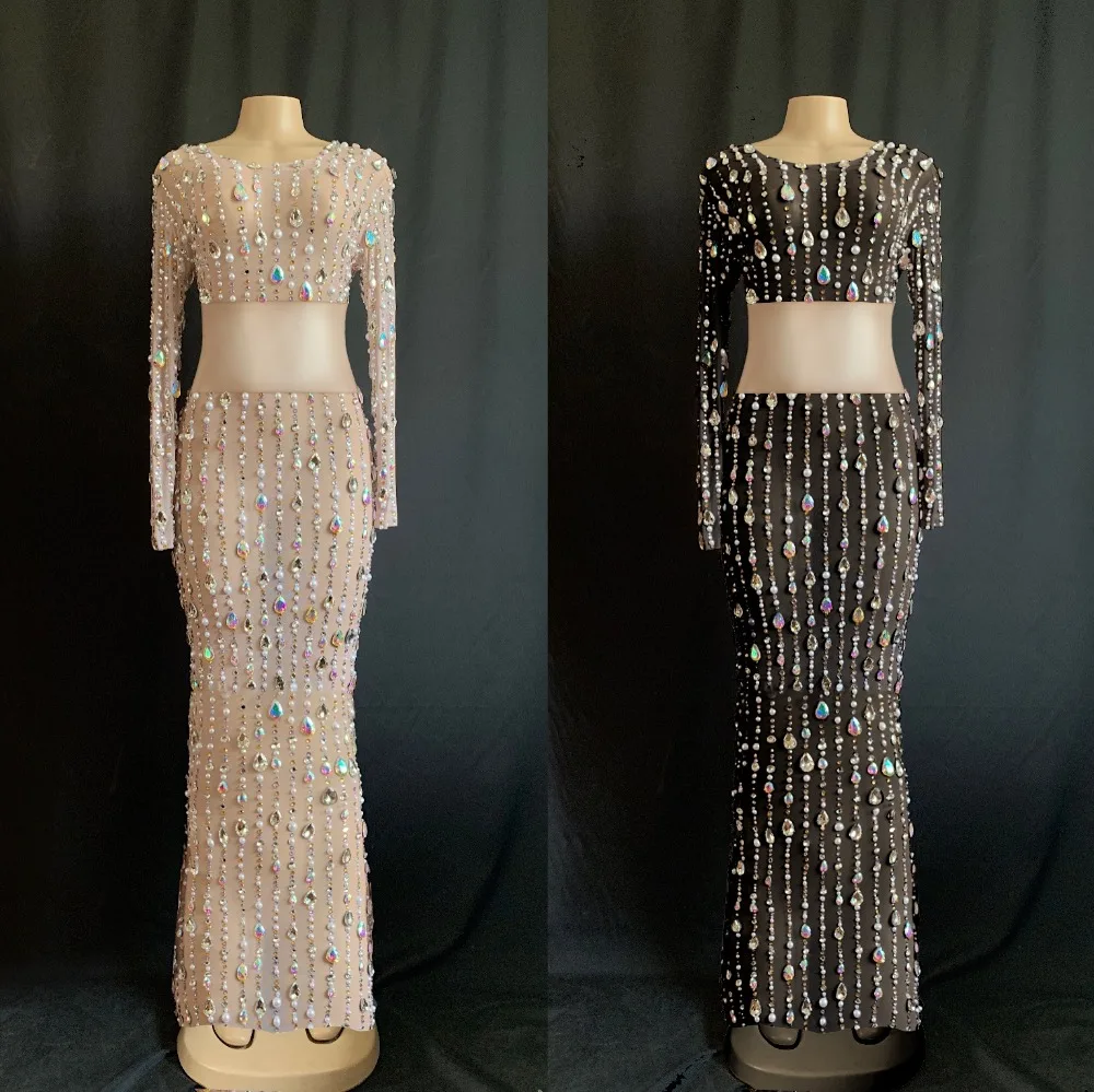 Высокое качество черный телесный с длинным рукавом Сияющий Бисер Bodycon комплект из двух предметов платье DJ Клубные вечерние танцевальный костюм
