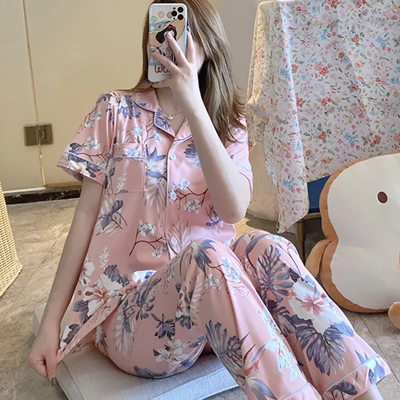 Autumn / Winter 2021 Hot Style Casual Pajamas Women's Cardigan Long-sleeved Trousers Simple Long-style Home Service Suit