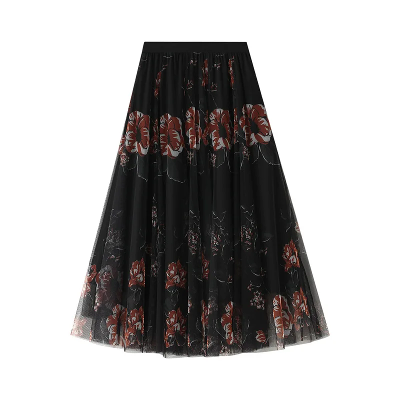 

GTGYFF Tulle Floral Print Midi Skirts For Womens Summer Vintage Ladies Casual Floral Print Beautiful Dance Skirt Femme Faldas