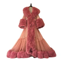 luxury fur night gown ruched tulle bride sleepwear robes chic winter v neck long sleeves custom made dressing pajamas