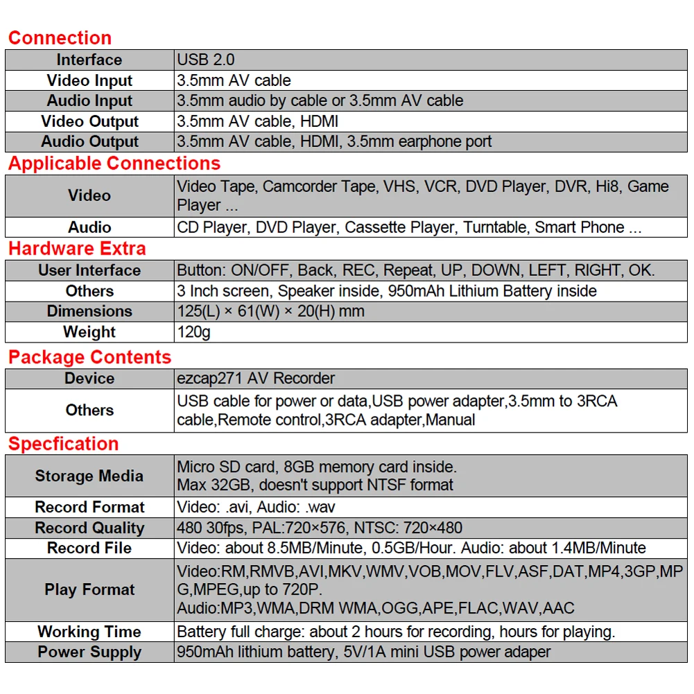 AV захват профессиональные VHS ленты видеокамера MP3 аналоговый в цифровой плеер