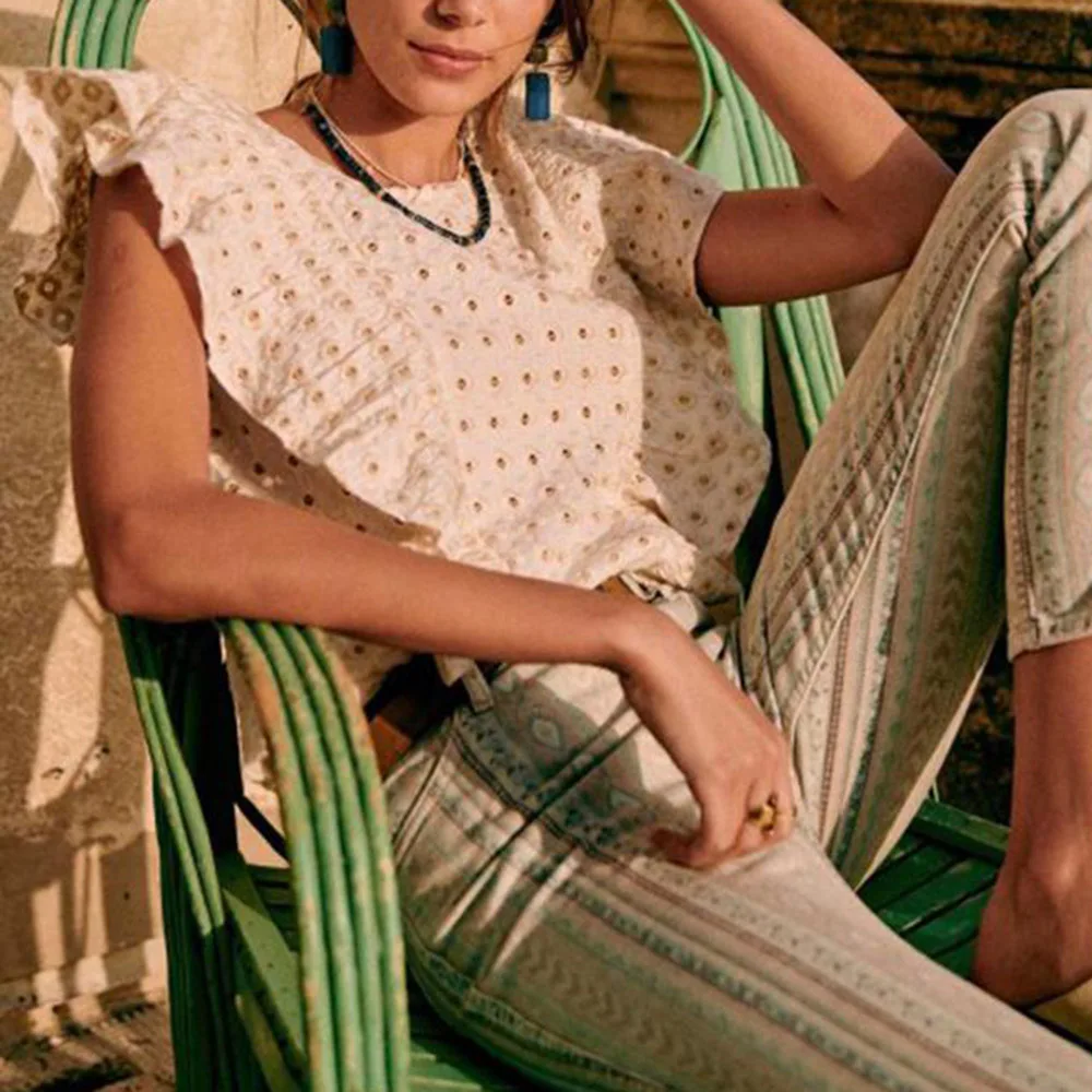 

Женская короткая блузка с цветочным принтом, элегантная винтажная офисная блузка составного кроя с рукавами-крылышками, ажурный топ в стил...