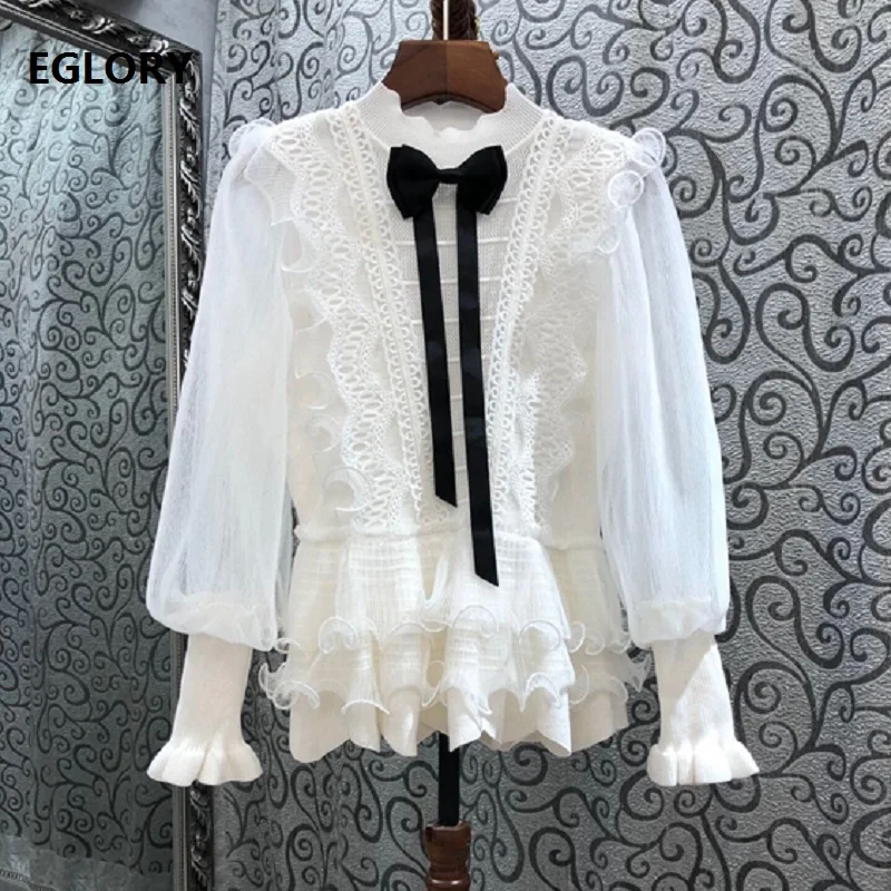 High Quality New 2021Spring Sweaters and Pullovers Women Ruffle Lace Flowers Bow Deco Long Sleeve Black White Casual Jumpers