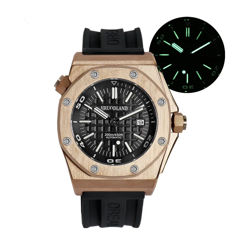 

Hruodland Bronze Luxury Men Mechanical Watch 9015 Movement Sapphire Crystal Rubber Band Diving 200m Skeleton Automatic Watch