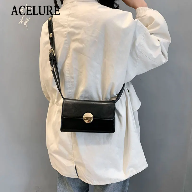 

ACELURE Solid Color PU Leather Shopping Pures Handbags Vintage Fashion Small Wide Strap Shoulder Crossbody Bags for Women Flap