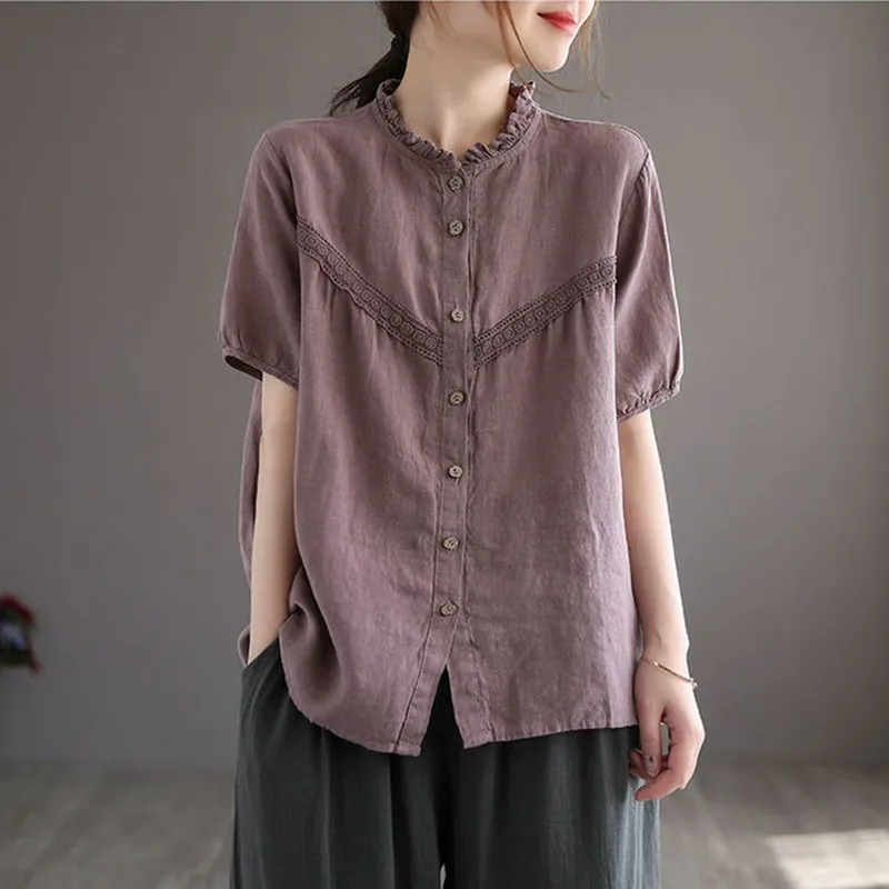 Женские повседневные рубашки из 100% хлопка однотонные свободные топы с коротким