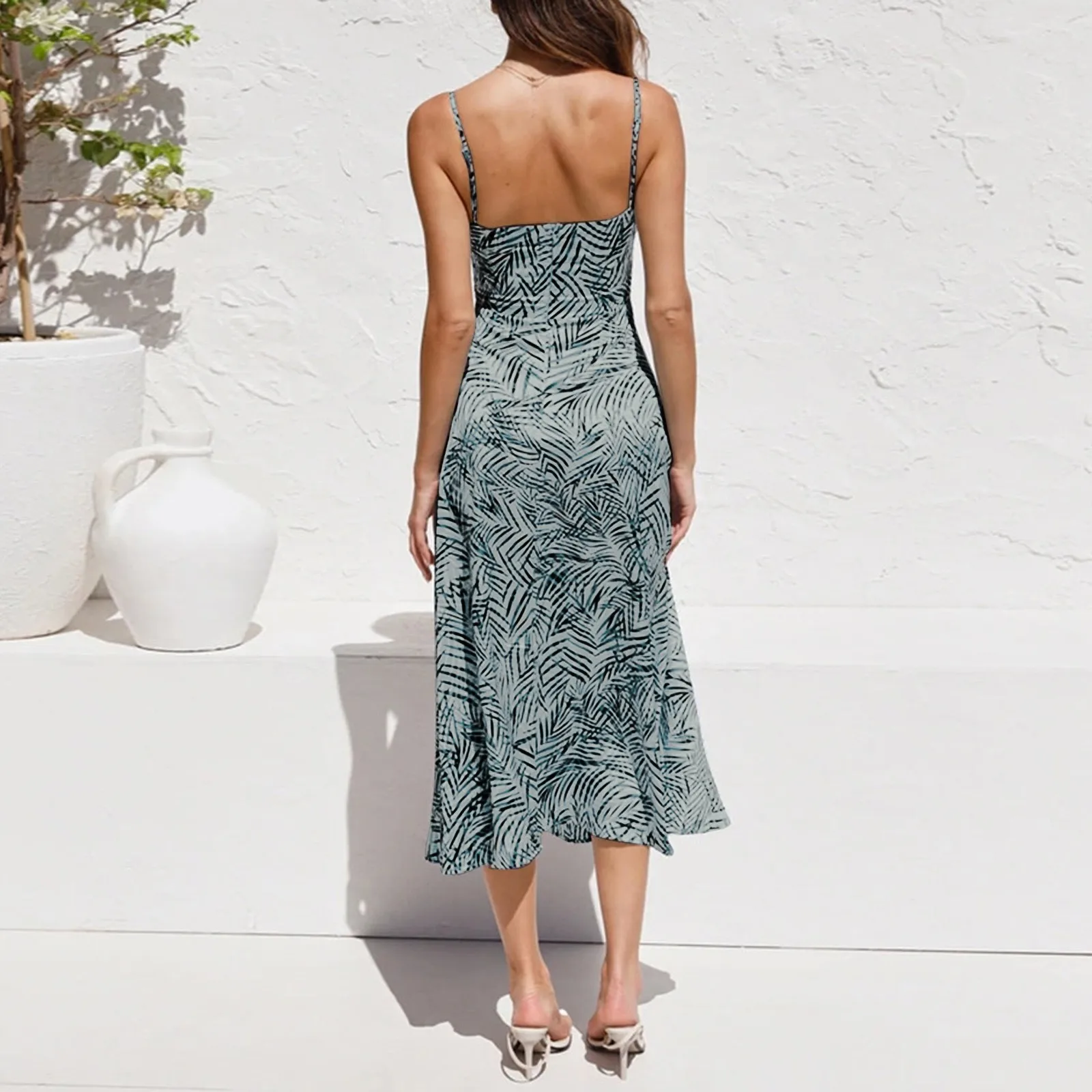 

Women Dress Non-Positioning Sling V-Neck Leaf Stripe Print Sleeveless Long Dress Fashion Sexy Ankle-Length Skirt