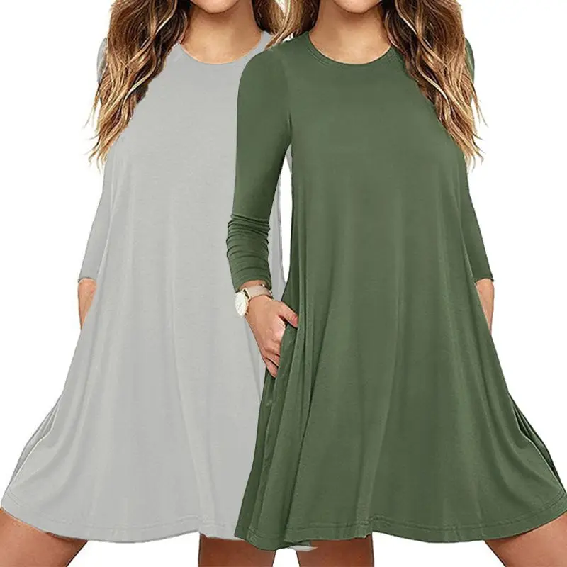 Женское осеннее платье футболка с длинным рукавом и круглым вырезом однотонное
