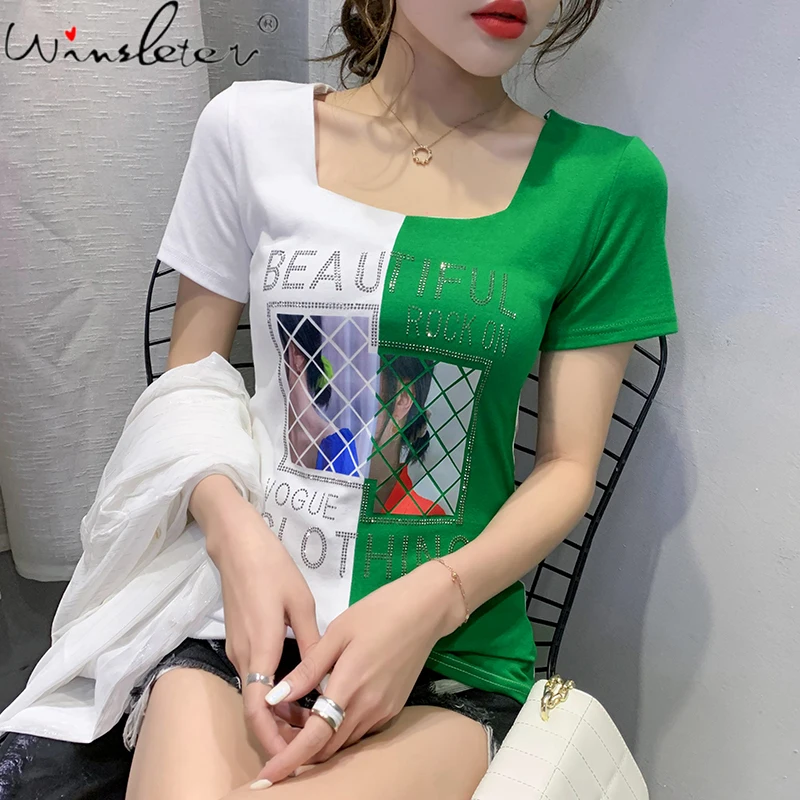 

Summer Korean Clothes Cotton T-Shirt Fashion Shiny Diamonds Women Tops Casual Sexy Contrast Color Letter Tees New 2021 T13912A