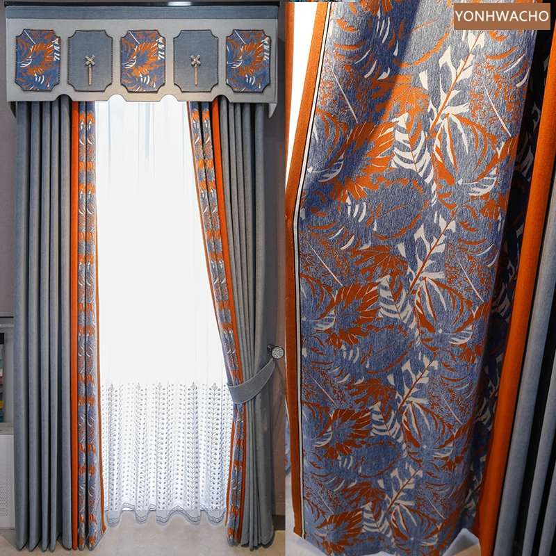 

Custom curtain American shading living room bedroom chenille stitching grey cloth blackout curtain valance tulle drape C828