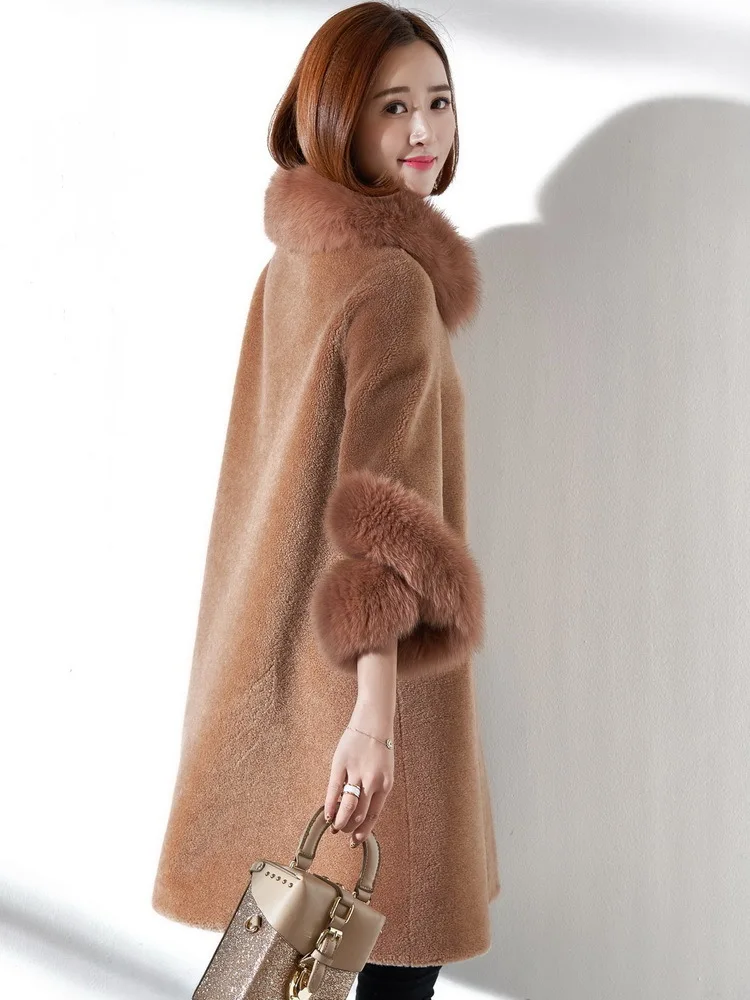 

Real Female Sheep Shearling Korean Jackets 2020 Winter Jacket Women Fox Fur Collar Long Wool Coat MY3531