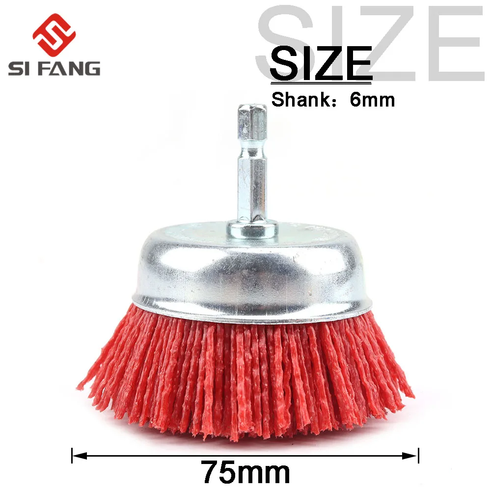 Нейлоновая Щетка 75 мм, абразивная проволочная колесная щетка для дрели, роторный инструмент, для полировки древесины, Удаление заусенцев, хвостовик 6 мм, зернистость 80-240
