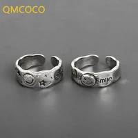 qmcoco silver color retro stars smile face adjustable rings for woman trendy sweet elegant handmade hip hop fashion ring
