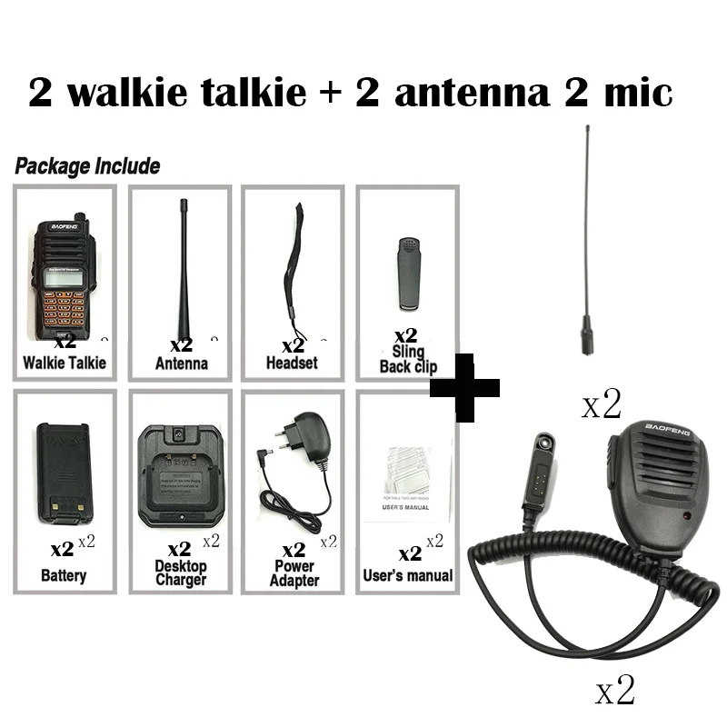 Add 2 antenna 2 mic 2PCS New 100%original Baofeng UV-9R Plus IP67 WaterproofRadio Walkie Talkie 8W UHF&VHF 128CH 2800mAh Walkie Talkie Radio Station - Цвет: Add 2 antenna 2 mic