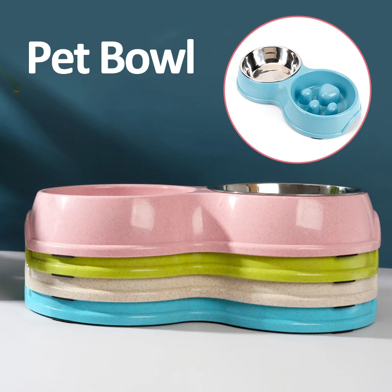 

Pet Double Bowls Cat Slow Feeder Healthy Feeding Prevent Choking Dish Dog Bowls Separable Stainless Steel Cat Feeding Food Water