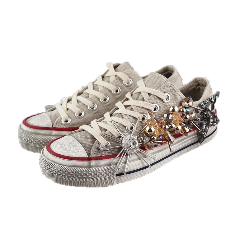 

Women's canvas shoes crystal diamond make old retro small dirty shoes Hong Kong style leisure sports shoes single shoes