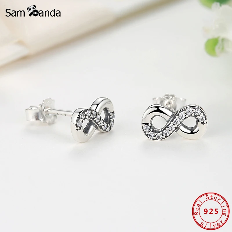 Original 925 Sterling Silver Stud Earrings Crystal Infinite Love Earings For Women Fine Jewelry Luxury Valentine's Day Gifts | Украшения