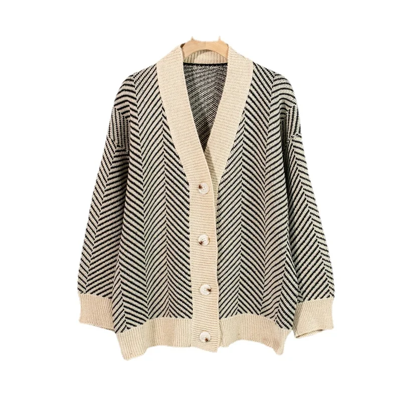 

2021 Women's Autumn Winter Sweater Fashionable Elegant Oversized Striped Cardigans Knitted Vintage Tops Barefoot Dreams Cardigan