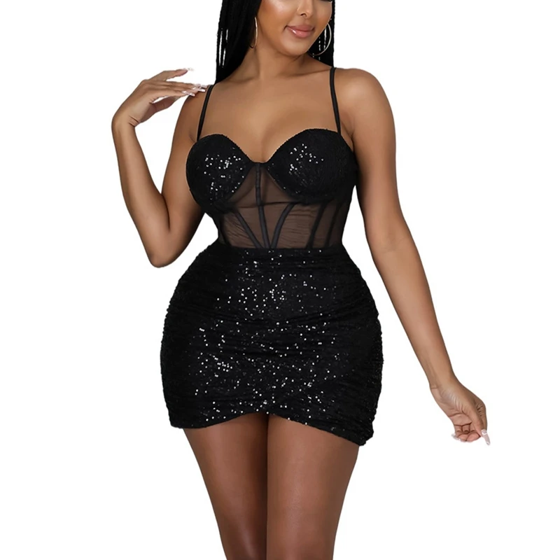 

Summer For 2022 Tank Strap Designer Clothes Backless Casual Evening Party Sexy Women Sequins Basic Corset Dress