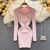 autumn winter korean fashion casual knitted sweater dress women long sleeved button bottom bodycon mini dress robes vestidos