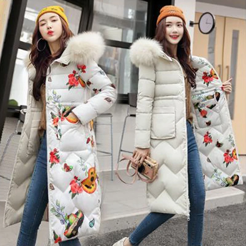 Женское зимнее пальто 2020 модная длинная парка с капюшоном принтом теплая плотная