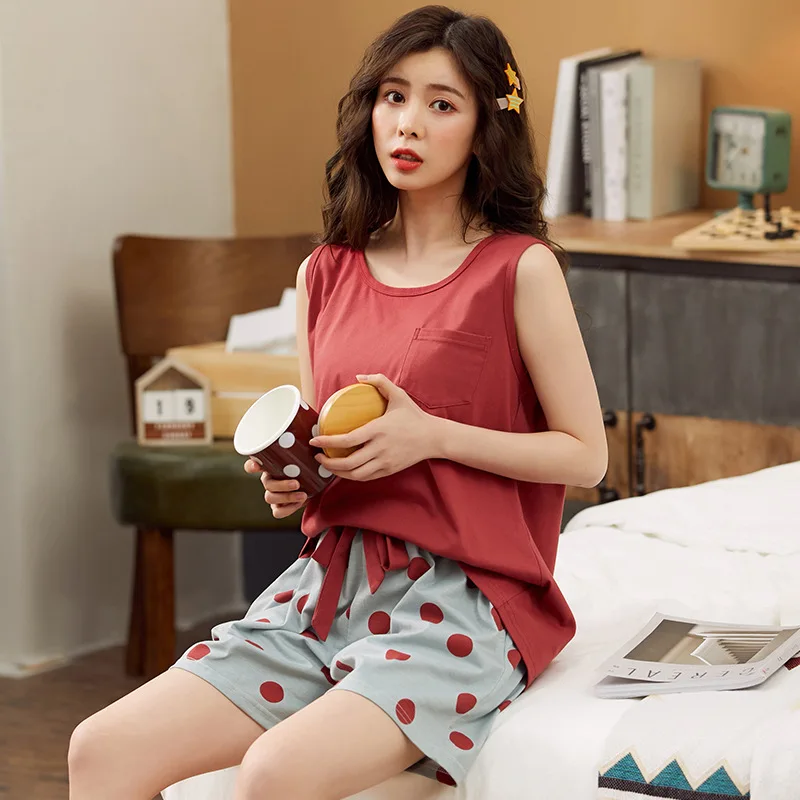 

Sexy Vest Women Pajamas Sets Korean Simple Solid Color Womens Sleeveless Round Neck Cotton Summer Sleepwear Cotton Two Piece Set