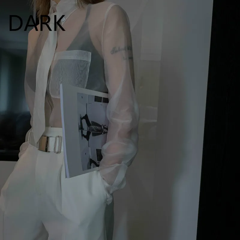 [DARK] 2020 белая прозрачная рубашка женская летняя дизайнерская пикантная из