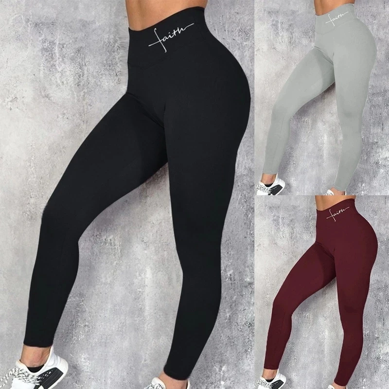

Black Fitness Push Up Leggings Women Elastic Slim Sports Letters Print Leggings Female Plus Size High Waist Workout Gym Pants