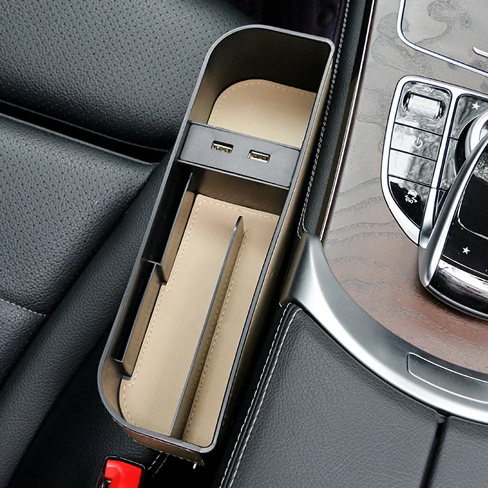 

Universal Car Seat Crevice Organizer Storage Box w/ 2 USB Ports Cup Phone Holder for Unique Parts Portable Car Ornaments