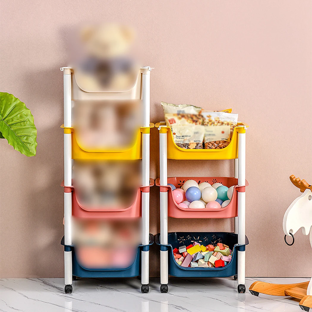 

Children'S Storage Trolley Macaron Toy Classification Storage Basket Plastic Storage Rack Rolling Storage Cart Toy For Kids