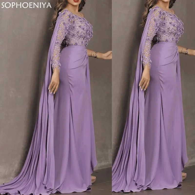 

New Arrival Robe One Shoulder Purple Prom Dresses Long Lace Applique 3D Flowers Arabic Dresses Vestido de festa