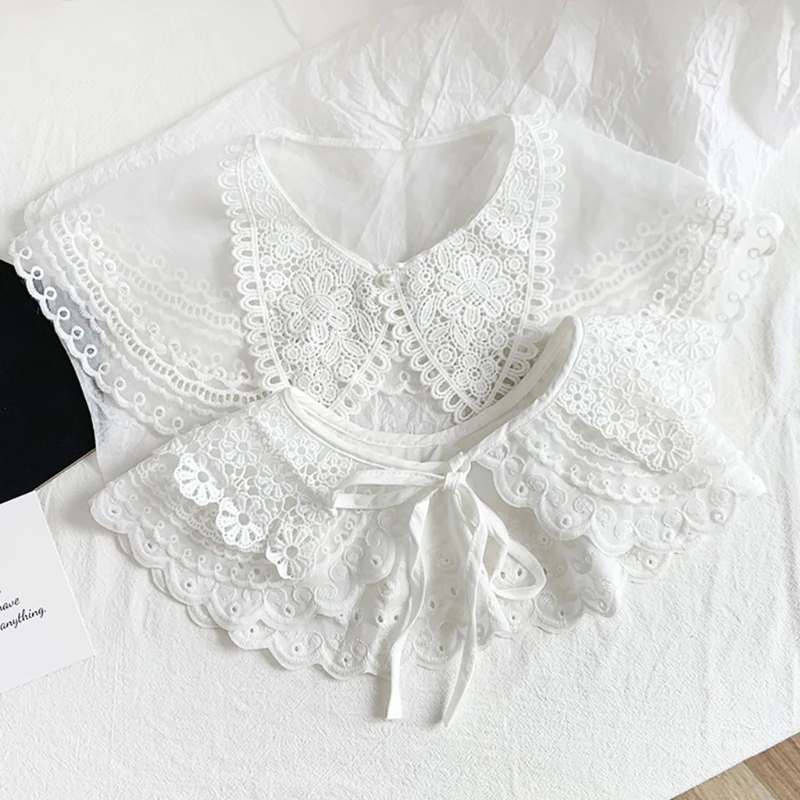 

Hollow Out Mesh Decorative Fake Collar Shawl Women Sweet Ruffles Trim Embroidery Necklace Half Shirt Lace-Up Lapel Mini Poncho