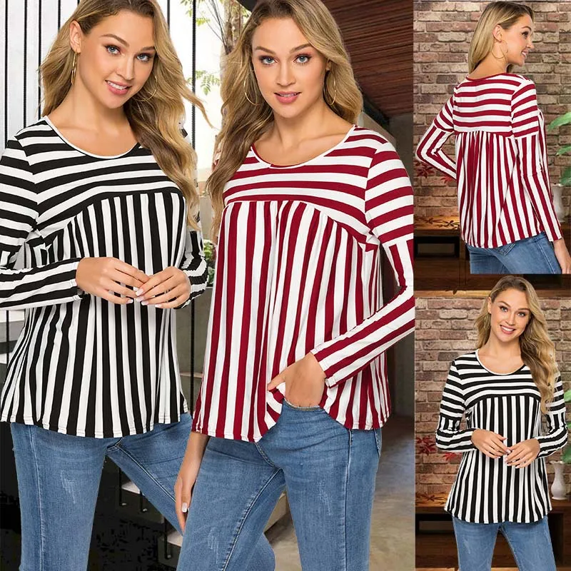

Casual Women Red White Striped Long Sleeve T Shirt Modal Loose Shirt Female Basic O-Neck Tops Tee Autumn Pullovers