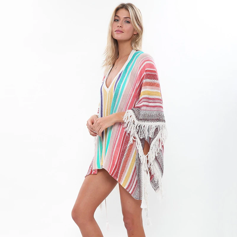 Красочная вязаная Пляжная накидка женская на купальник пляжный купальный костюм