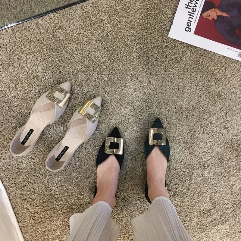 Женские балетки на плоской подошве Тонкие туфли с острым носком и металлическим