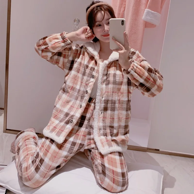 

Home service ladies plaid pajamas sweet flannel bathrobe suit thickened warm winter nightwear sexy nightgowns new arrival