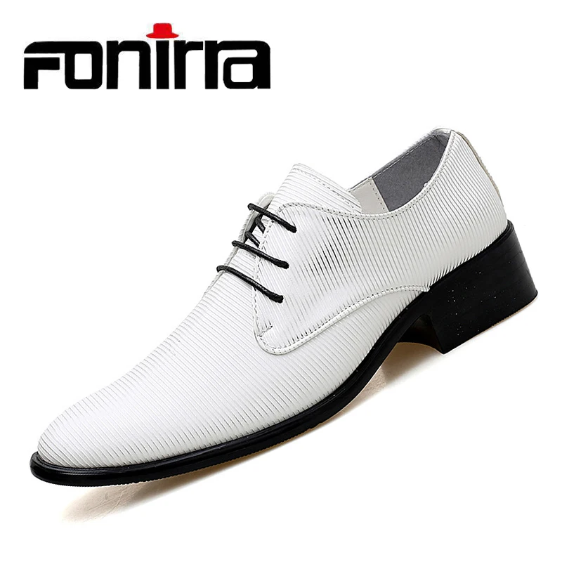 FONIRRA Men White PU Leather Shoe Slip On Men Party Derbies Shoes Casual Flats Shoes Men British Office Derby Suit Shoes 334