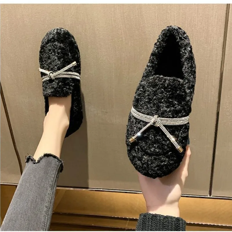 Winter The New Hairy Women's Shoes Casual Fashion Solid Slip-On Round Toe Butterfly-knot Plush High Quality Soft Bottom Flock