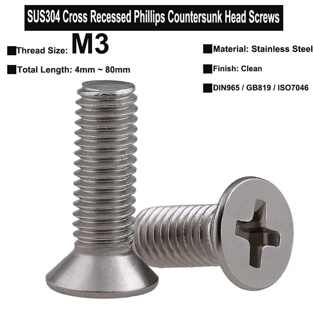 

20Pcs/10Pcs/5Pcs M3x4mm~80mm SUS304 Stainless Steel Cross Recessed 90° Countersunk Head Phillips Screws DIN965 GB819 ISO7046