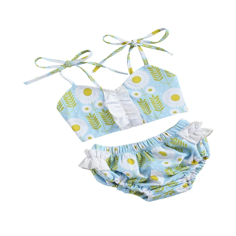 

2021 Kids Girls Two-piece Swimming Clothes Set Light Blue Floral Printed Pattern Suspender Tops + Shorts Children Girls Swimwear